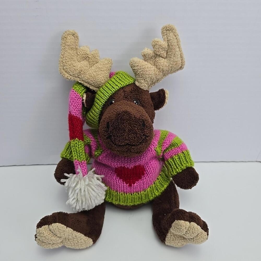 Animal Adventure Cute Moose Plush Toy Stuffed Animal 2006 In a sweater and a hat